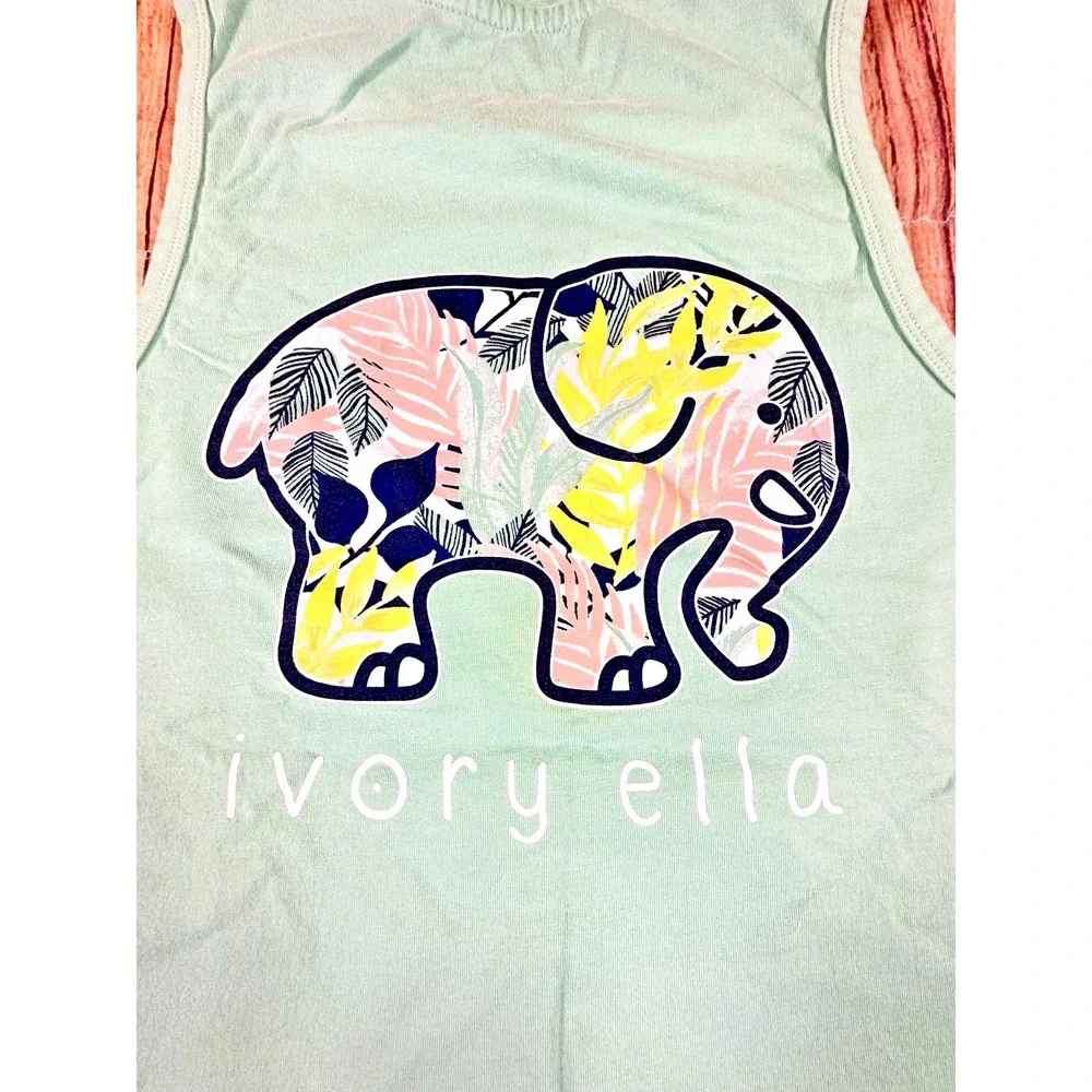 Ivory Ella Womens GREEN Tank Top Organic Cotton Floral Elephant Graphic SMALL